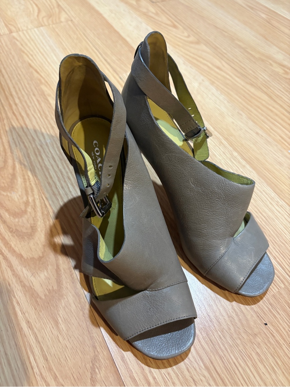 COACH Taupe Leather Open-Toe Wedge Sandals